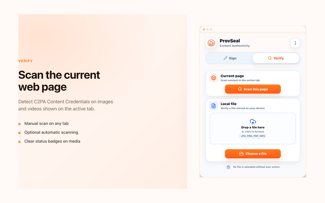 C2PA Signer Verify home with Scan this page and Choose a file